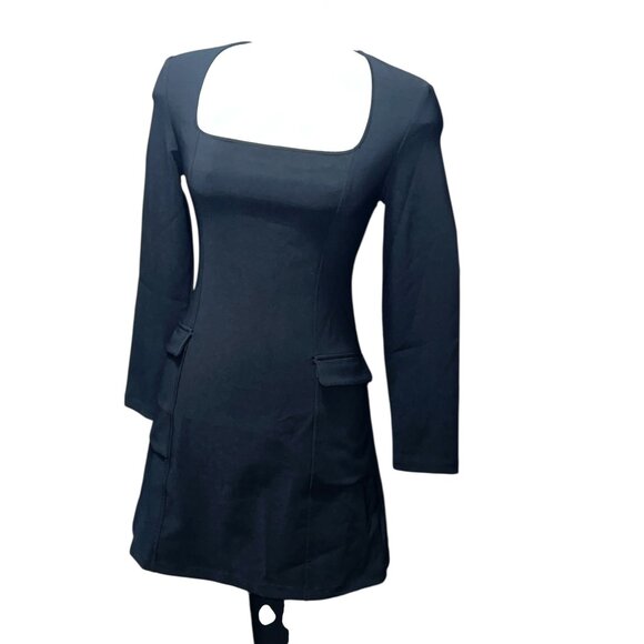 Halara Long Sleeve Square Neck Mini Cargo Work Dress Sz Small Black - Picture 7 of 16